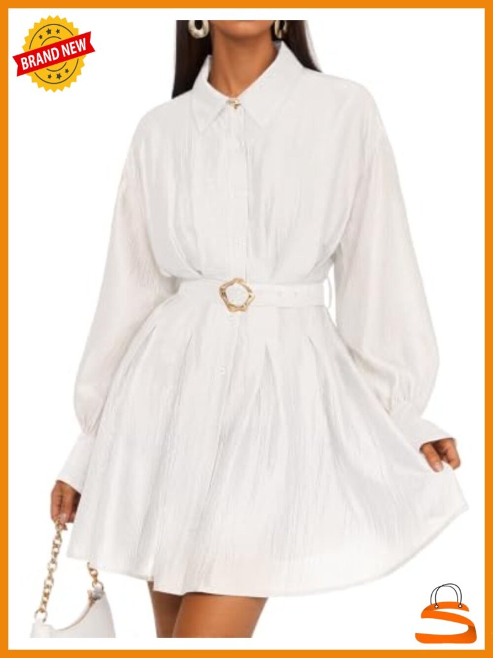 Elegant Long Sleeve Button Mini Cocktail Party Dress with Belt